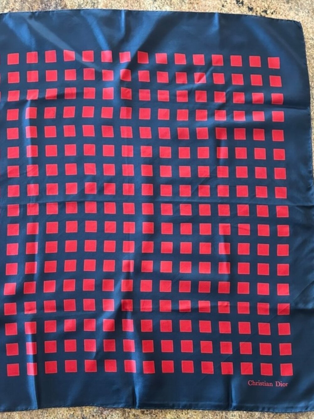 Vintage Christian Dior Square Pattern Navy and Red Silk Scarf Hand Rolled Edges